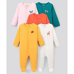 Bonfino 100% Cotton Knit Full Sleeves Footed Sleepsuits with Animal Print Pack of 5 - Orange Green & Yellow
