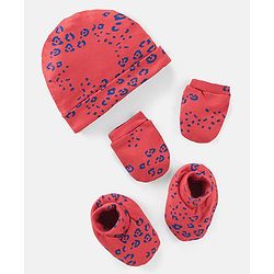 Bonfino 100% Cotton Knit Cap Mittens & Booties Set Leopard Print Red - Diameter 11.5 cm