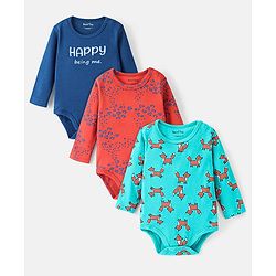 Bonfino Cotton Knit Full Sleeves Onesies Text & Fox Print Pack Of 3 - Green Orange & Navy