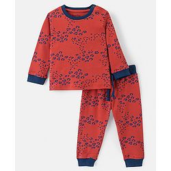 Bonfino 100% Cotton Knit Full Sleeves Night Suit With Leopard Print - Orange