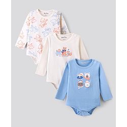 Bonfino Cotton Full Sleeves Animal Print Onesies Pack of 3 - White & Blue