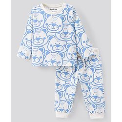 Bonfino 100% Cotton Knit Full Sleeves T-shirts & Lounge Pant Sets Bear Print - Snow White