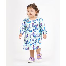 Bonfino 100% Cotton Knit Full Sleeves Butterfly & Dragonfly Printed Frock - Light Green