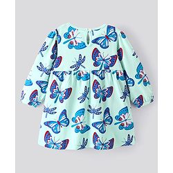 Bonfino 100% Cotton Knit Full Sleeves Butterfly & Dragonfly Printed Frock - Light Green