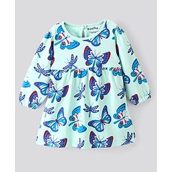 Bonfino 100% Cotton Knit Full Sleeves Butterfly & Dragonfly Printed Frock - Light Green