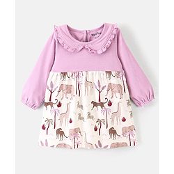 Bonfino 100% Cotton Knit Full Sleeves Jungle Theme Printed Frock - Lilac
