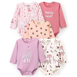 Bonfino 100% Cotton Knit Full Sleeves Jungle Theme Printed Onesies Pack of 5 - Multicolor