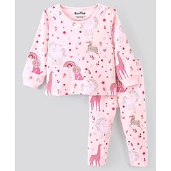 Bonfino 100% Cotton Knit Full Sleeves T-Shirt & Pyjama Co-Ord Night Suit with Animal Print- Pink