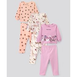 Bonfino 100% Cotton Knit Full Sleeves T-Shirt & Pyjama Co-Ord Night Suit with Animal & Polka Dots Print Pack of 3 - Peach Ivory Lilac