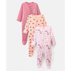 Bonfino 100% Cotton Knit Full Sleeves Footed Sleepsuits with Polka Dots & Animal Print Pack of 3 - Pink Peach & Mauve
