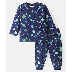 Bonfino 100% Cotton Knit Full Sleeves Sweatshirt and Track Pant Set Puppy Print Space Print - Navy Blue