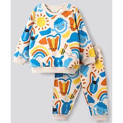 Bonfino 100% Cotton Full Sleeves Sweatshirt & Track Pant Set Fox & Sheep Print- Beige