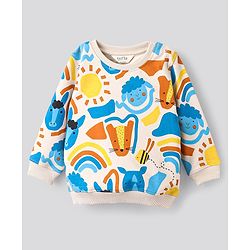 Bonfino 100% Cotton Full Sleeves Sweatshirt & Track Pant Set Fox & Sheep Print- Beige