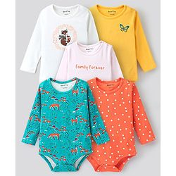 Bonfino 100% Cotton Full Sleeves Animals & Polka Dots Printed Onesies Pack Of 5 - Multicolour