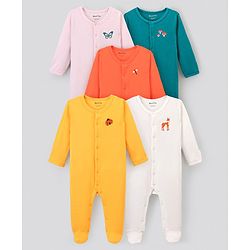 Bonfino 100% Cotton Full Sleeves Sleepsuits Animals & Insect Print Pack Of 5 - Orange Green Yellow Pink & Ivory