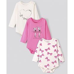 Bonfino 100% Cotton Knit Full Sleeves Onesies Bow Print Pack of 3 - Ivory & Pink