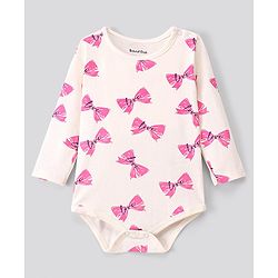 Bonfino 100% Cotton Knit Full Sleeves Onesies Bow Print Pack of 3 - Ivory & Pink