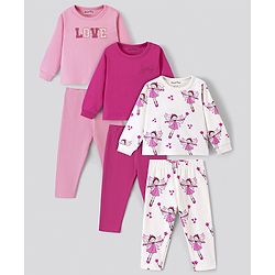 Bonfino 100% Cotton Full Sleeves Night Suit Fairy Print Pack of 3 - Pink & Ivory