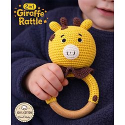 Bonfino Handmade Crochet Wooden Giraffe Rattle - Yellow | Crochet RattleToy for Newborns | Natural Wool Sensory Toy | Safe & Durable | BIS Certified