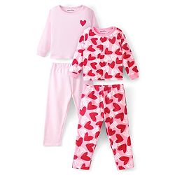 Bonfino 100% Cotton Knit Full Sleeves Night Suit Heart Print Pack of 2 - Pink