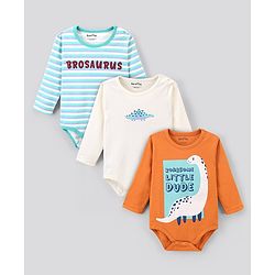 Bonfino Cotton Full Sleeves Onesies With Dino Print Pack Of 3 - Blue White & Orange