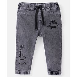 Bonfino Cotton Elastane Denim Full Length Jeans With Dino Embroidery Detailing- Grey