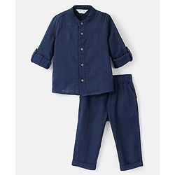 Bonfino Cotton Woven Full Sleeves Solid Color Shirt & Trouser Set - Navy Blue