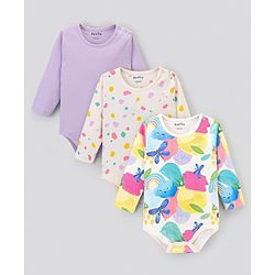 Bonfino 100% Cotton Knit Full Sleeves Solid Colour & Butterfly Printed Onesies Pack of 3 - Ivory & Lilac