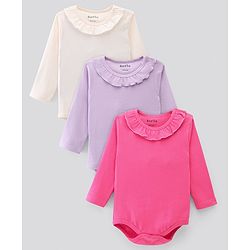 Bonfino 100% Cotton Knit Full Sleeves Solid Textured Onesies with Frill Detailing Pack of 3 - Ivory Lilac & Pink