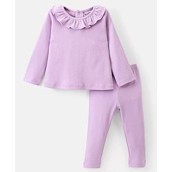 Bonfino 100% Cotton  Knit Full Sleeves Solid Colour Top & Leggings Set - Lilac