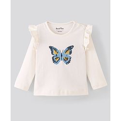 Bonfino 100% Cotton Knit Full Sleeves T-Shirt with Butterfly Sequin Detailing - Ivory