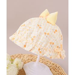 Bonfino Cotton Free Size Bucket Hat with Bow & Cherry Print Yellow - Diameter 46 cm