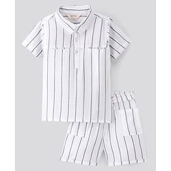 Bonfino 100% Cotton Woven Half Sleeves Co-ords Henley Shirt & Shorts Set with Stripes - White