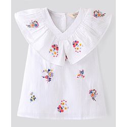 Bonfino 100% Cotton Sleeveless Frock With Floral Embroidered - White