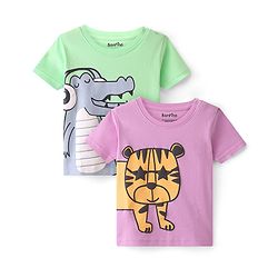 Bonfino 100% Cotton Half Sleeves Big Kitty & Croc Printed T-Shirts Pack of 2 - Lavender & Green