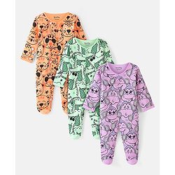 Bonfino 100% Cotton Knit Full Sleeves Sleep Suits with Animals Print Pack Of 3 - Orange Green & Purple