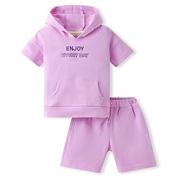 Bonfino 100% Cotton Knit Half Sleeves Hooded T-Shirt & Shorts Set With Text Embroidery - Lavender