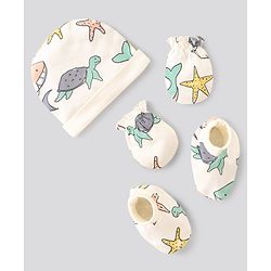 Bonfino Cotton Cap Mittens & Booties Sea Life Print Off White - Diameter 10.5 cm