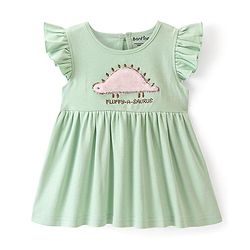 Bonfino Cotton Knit Frill Sleeves Frock Dino Embroidery - Green
