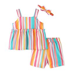 Bonfino 100% Viscose Woven Sleeveless Digital Striped Top & Shorts Set with Headband - Multicolor