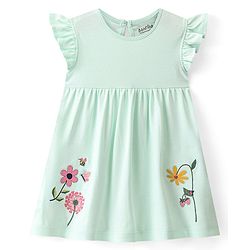 Bonfino 100% Cotton Knit Sleeveless Dress With Floral Applique Embroidery - Blue
