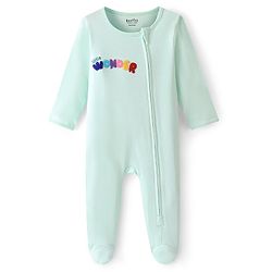 Bonfino 100% Cotton Knit Full Sleeves Sleepsuit With Text Embroidery - Blue