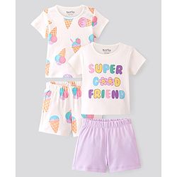 Bonfino 100% Cotton Half Sleeves Night Suit With Ice Cream Print Pack Of 2- Ivory & Lavender