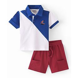 Bonfino 100% Cotton Knit Frill Sleeves Cut & Sew T-Shirt & Shorts Set With Boat Embroidery - Blue White & Maroon