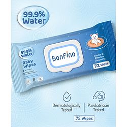 Bonfino 99.9% Water Extra Mild, Unscented Baby Wipes with Lid - 72 Pieces, Gentle & Pure Wipes, Dermatologically Tested, pH Balanced, Gentle & Effective Cleansing, Free from Alcohol, Parabens, Sulphates