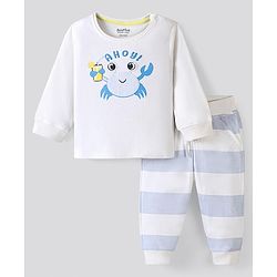 Bonfino Cotton Knit Full Sleeves Night Suit Crab Print - White
