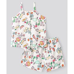 Bonfino 100% Viscose Woven Sleeveless Co-ords top & Shorts Set with Tropical Theme Print - White