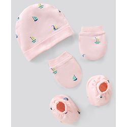 Bonfino 100% Cotton Knit Cap Mittens & Booties Set Boat Print Peach - Diameter 12.5 cm