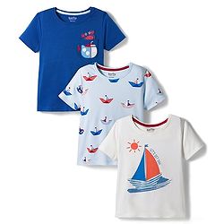 Bonfino 100% Cotton Knit Half Sleeves T-Shirts Boat Print Pack of 3 - Light Blue White & Blue