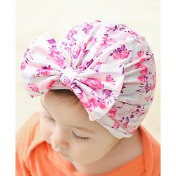Bonfino Free Size Turban Headband With Bow Applique & Floral Print- Pink